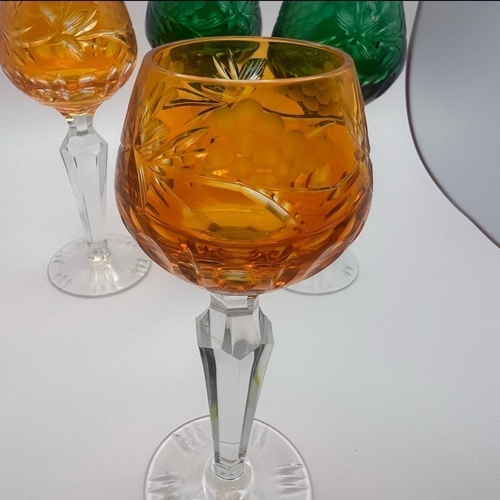 Handblown Crystal Cordial Glasses, Emerald Green and Orange - Picture 5 of 11